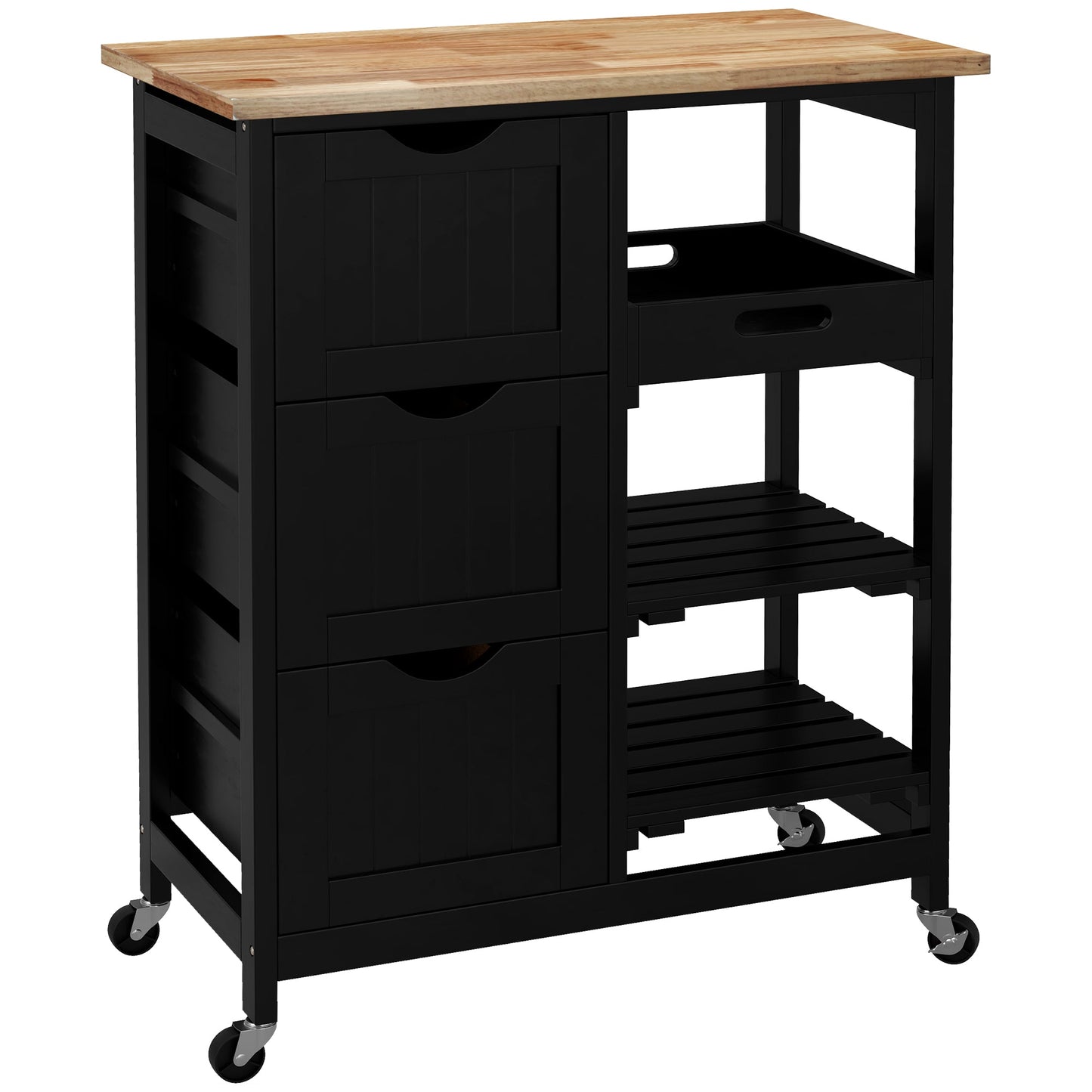 HOMCOM Rolling Kitchen Island Cart, Bar Serving Cart, Compact Trolley on Wheels with Wood Top, Shelves & Drawers for Home Dining Area, Black
