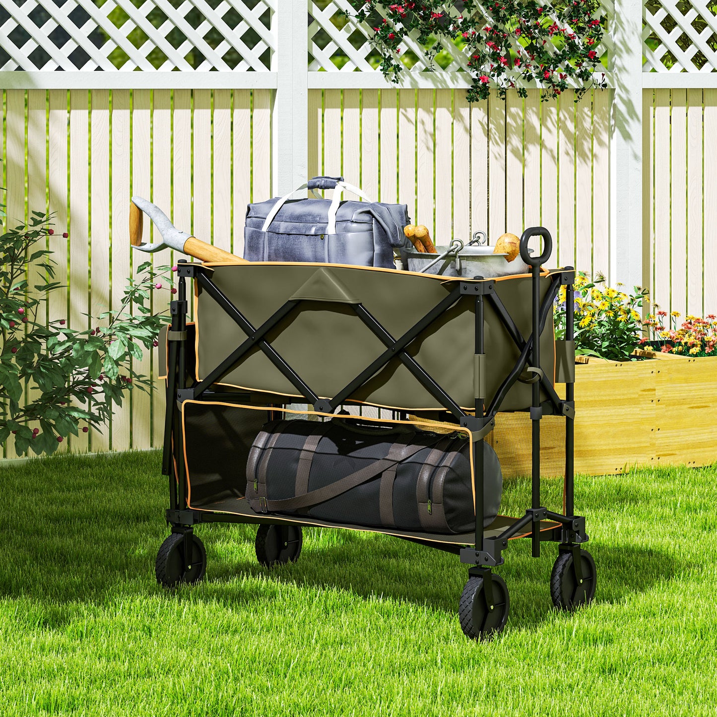 Outsunny Double Decker Folding Trolley on Wheels, 200KG & 350L Capacity Collapsible Wagon Festival Trolley Cart with 134cm Extended for Camping Sports Shopping Garden and Beach, Grey