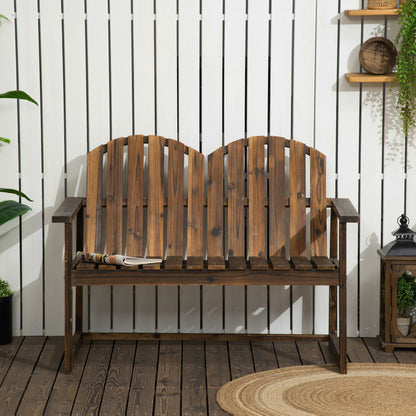 Outsunny Outdoor Drewniana Ławka Ogrodowa, Patio Doubleseat Chair z Listwowym Oparciem i Gładkimi Podłokietnikami dla Dwóch Osób, Do Ogrodu, Trawnika, Werandy, Wykończenie Karbonizowane