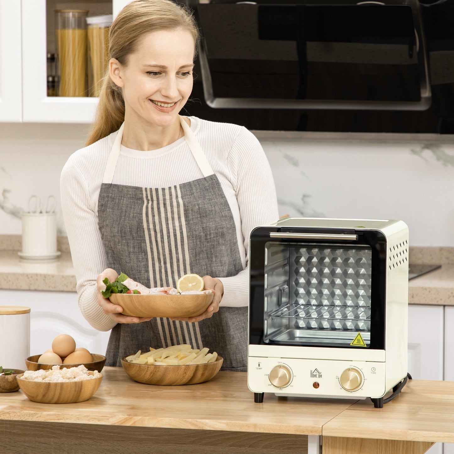 Retro Style Convection Mini Oven, 15L Electric Oven & Grill w/ Adjustable Temperature, Timer, Baking Tray, Wire Rack, Crumb Tray, 1000W, Cream White