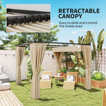 Outsunny 3 x 3(m) Retractable Pergola, Garden Gazebo Shelter with Curtains, for Grill, Patio, Deck, Beige
