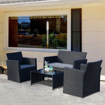 Outsunny 4 Pieces PE Rattan Garden Sofa Set with Cushions, Outdoor Patio Wicker Weave Conservatory Furniture Set with a Loveseat, 2 Armchairs and a Glass Top Coffee Table, Black