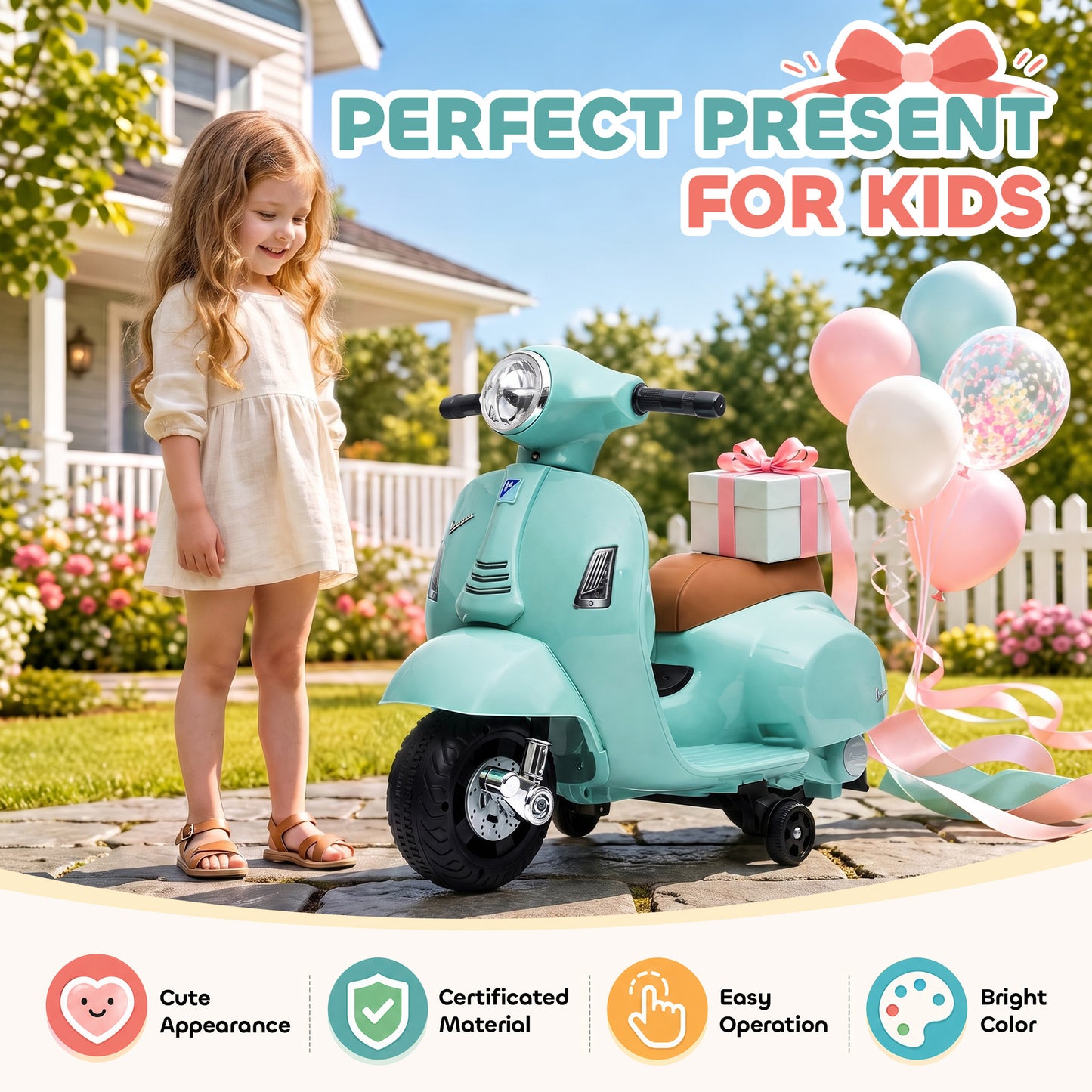 HOMCOM Vespa Licensed 6V Kids Electric Motorbike Ride On Motorcycle Battery Powered for 18-36 Months with Horn, Green