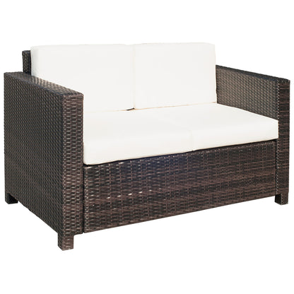 Outsunny 2-osobowe meble ogrodowe, sofa rattanowa z miękką wyściełaną poduszką i podłokietnikami, wiklinowa ogrodowa sofa dwuosobowa na patio, mieszany brąz
