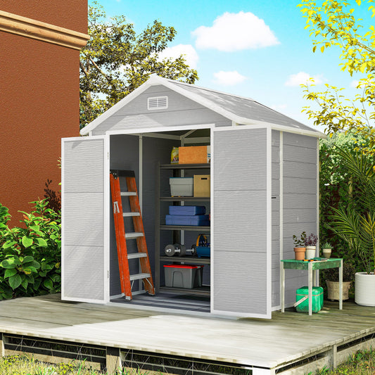Outsunny 6 x 5ft Garden Shed, plastikowa szopa z podłogą, oknem, zamykanymi drzwiami i otworami wentylacyjnymi, imitacja drewna, szopa narzędziowa z żywicy na patio, jasnoszara