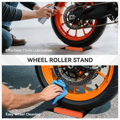 Stojak rolkowy do czyszczenia kół motocyklowych HOMCOM z aluminiową ramą i rolkami, stojak do konserwacji motocykli do czyszczenia opon i smarowania łańcucha, pasuje do opon o szerokości &lt;180 mm, do motocykli o wadze &lt;500 funtów, czarny