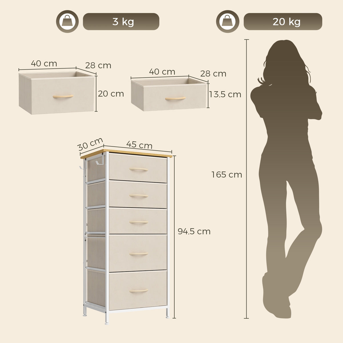 HOMCOM Chest of Drawers, Dresser with 5 Fabric Drawers, Tall Storage Unit with 4 Pockets and 2 Hooks Steel Frame, Beige