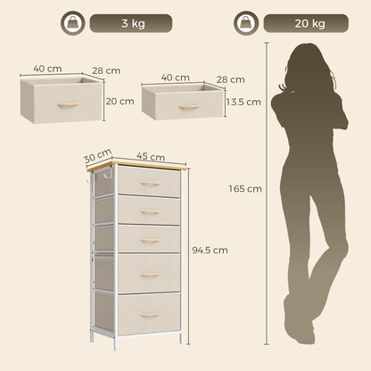 HOMCOM Chest of Drawers, Dresser with 5 Fabric Drawers, Tall Storage Unit with 4 Pockets and 2 Hooks Steel Frame, Beige