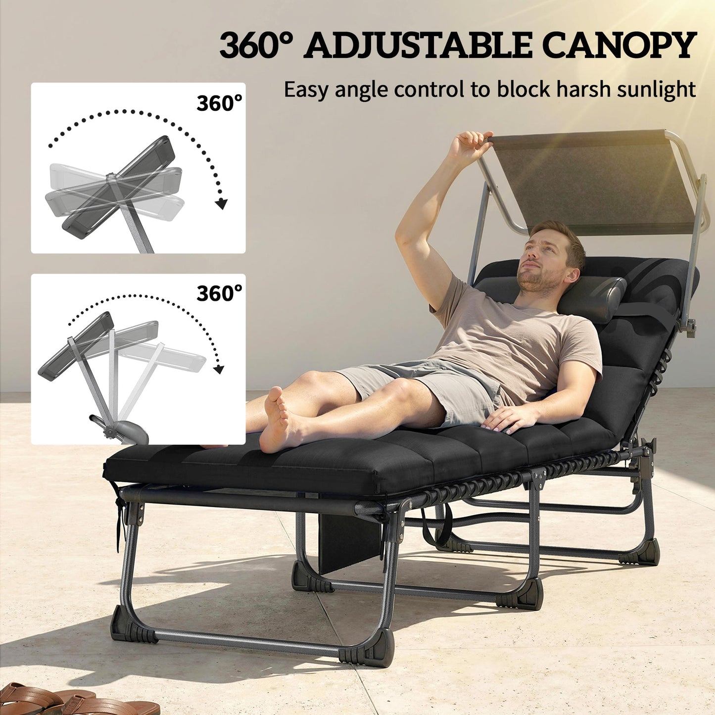 Outsunny Folding Sun Loungers Set of 2 with Canopy, Reclining Sunbed with Cushion, Side Pocket, Carrying Handle, Black