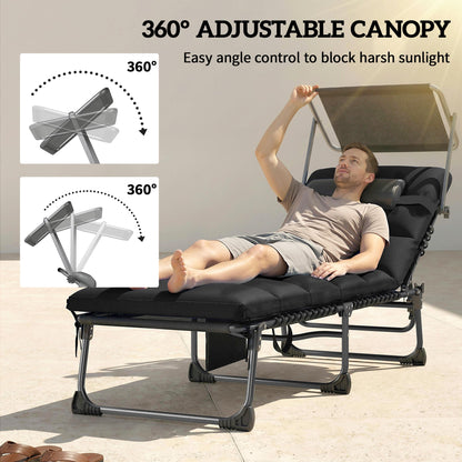 Outsunny Folding Sun Loungers Set of 2 with Canopy, Reclining Sunbed with Cushion, Side Pocket, Carrying Handle, Black
