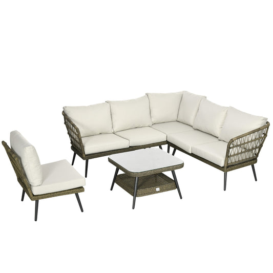 Outsunny 5-częściowa narożna sofa ogrodowa z rattanu, okrągła i podwójna, półokrągła, pleciona, rattanowa, meble ogrodowe z grubymi, wyściełanymi poduszkami i blatem ze szkła hartowanego, dwupoziomowy stół, szary