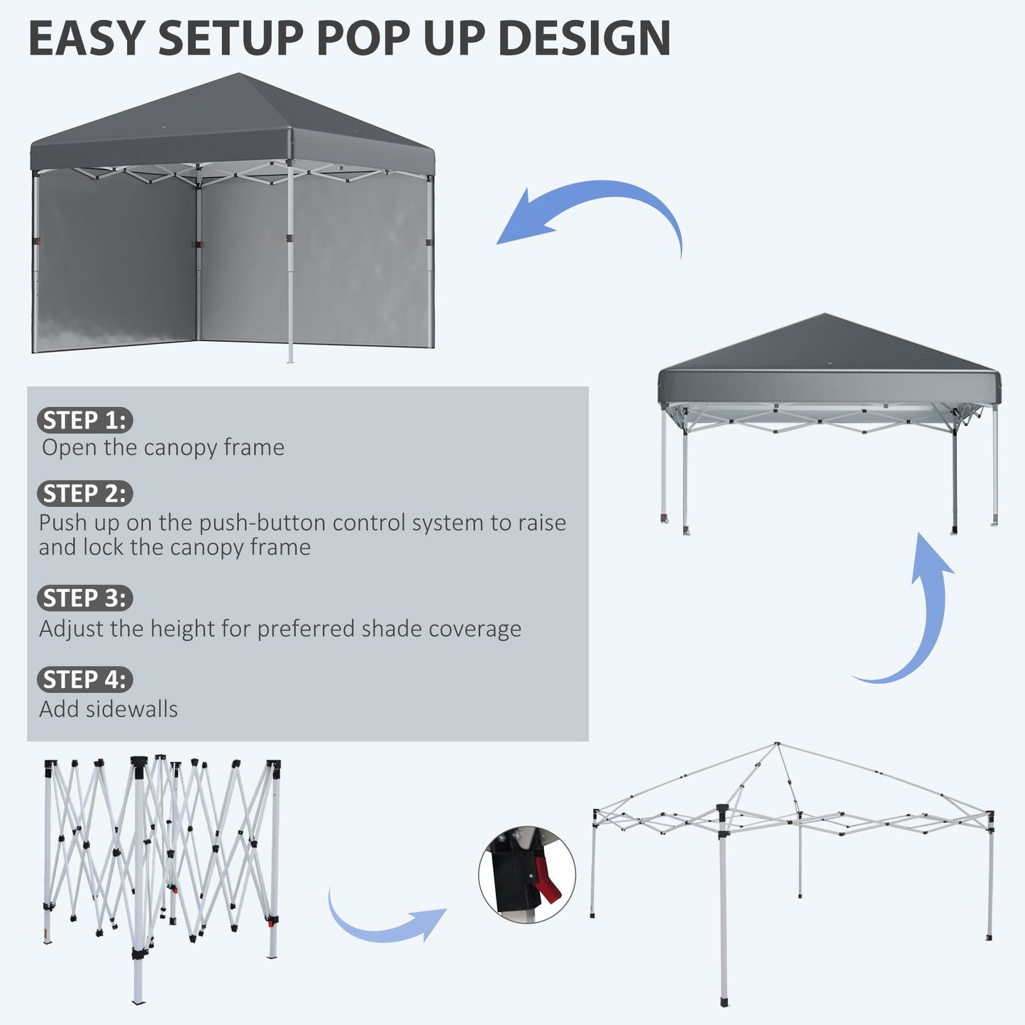 Outsunny 3 x 3 (M) Pop Up Gazebo with 2 Sidewalls, Leg Weight Bags and Carry Bag, Height Adjustable Party Tent Event Shelter for Garden, Dark Grey