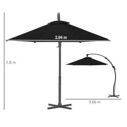 Outsunny 3(m) Parasol ogrodowy z wysięgnikiem, okrągły parasol z korbką, podstawą krzyżową, aluminiową ramą i obrotem 360√Ç¬∞, parasol tarasowy typu banan do ochrony przed słońcem na zewnątrz, czarny