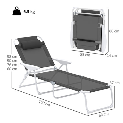 Outsunny Foldable Lounge Chair with 4-Level Adjustable Backrest & Headrest - Charcoal Grey