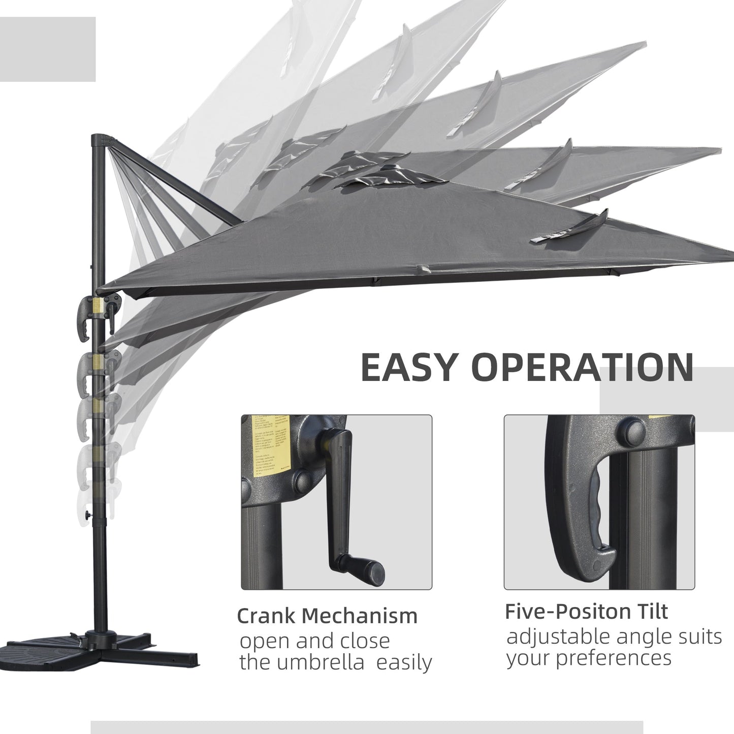 Outsunny 2.7 x 2.7 m Cantilever Parasol, Square Overhanging Umbrella with Cross Base, Crank Handle, Tilt, 360 Rotation and Aluminium Frame, Dark Grey