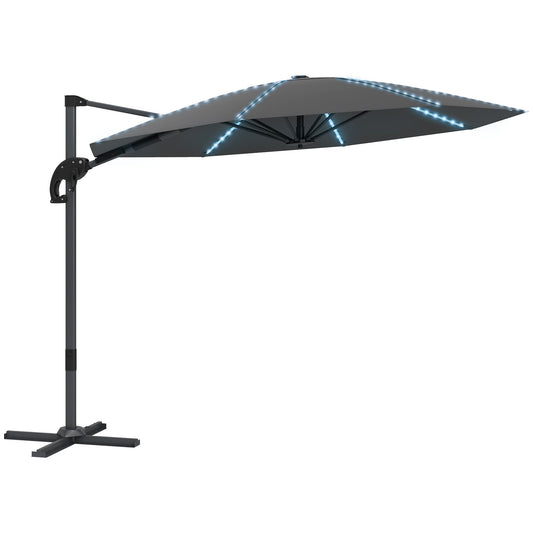 Outsunny 3(m) Cantilever Garden Parasol with Solar Powered Lights, Crank Handle & Cross Base, UPF 50+, 360 Rotation, Dark Grey