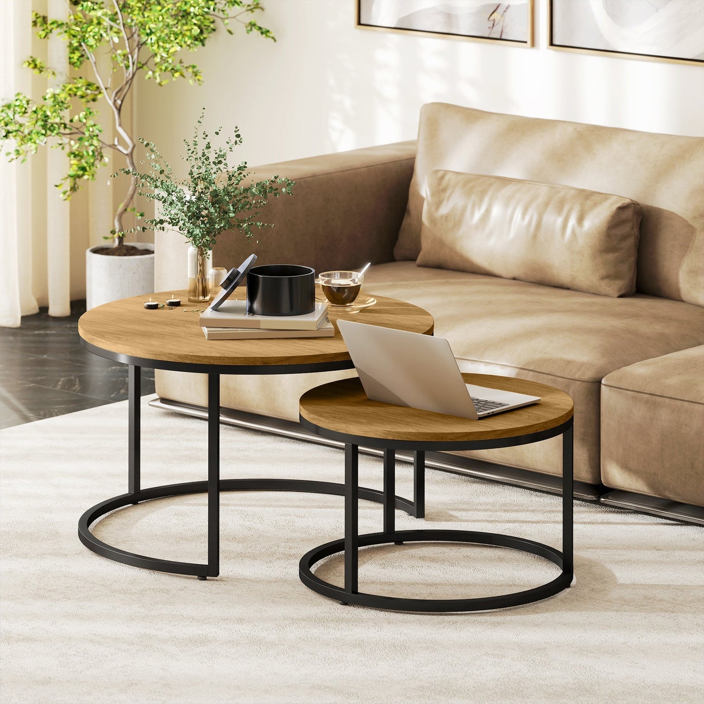 HOMCOM Set of Two Wood-Effect Stacking Tables - Brown